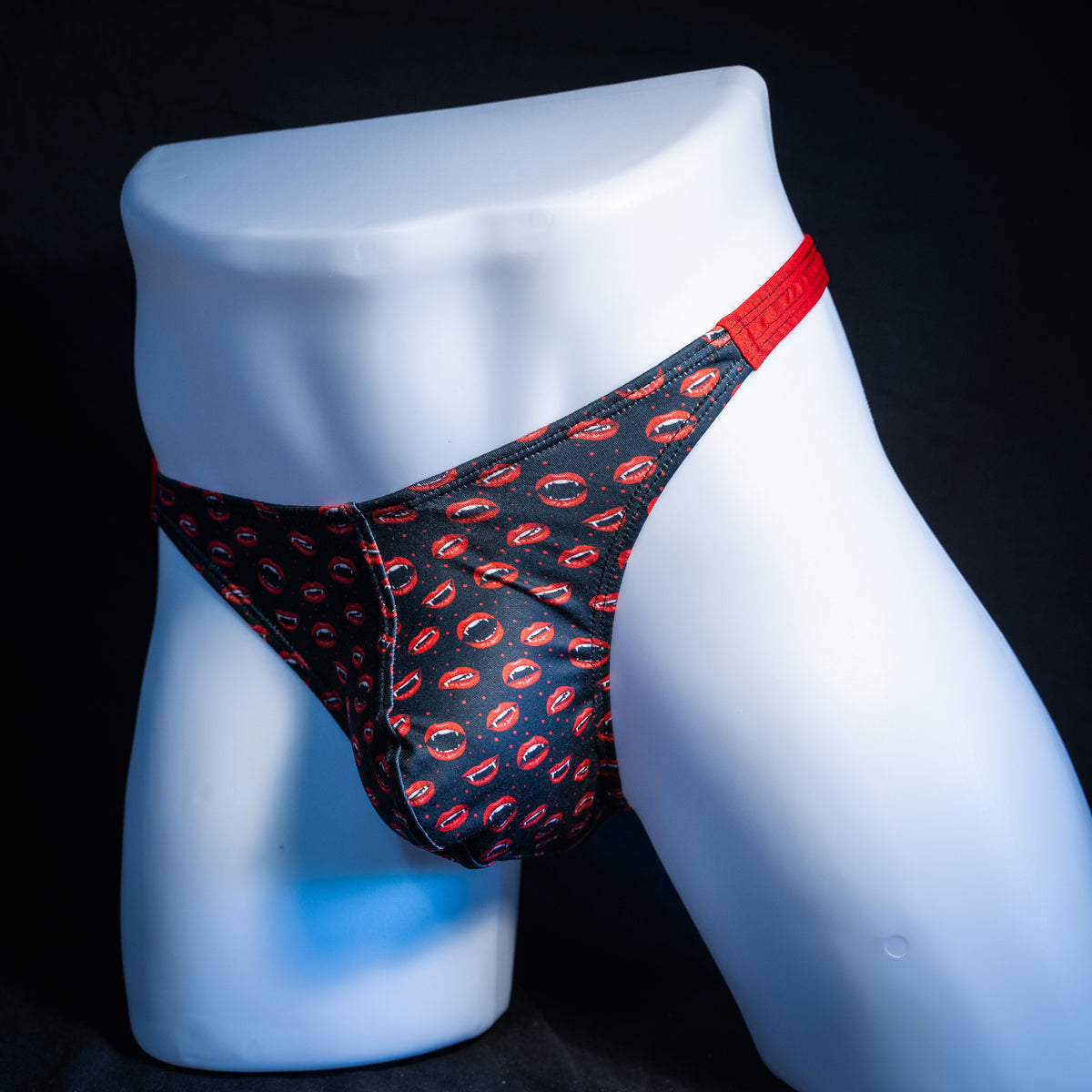 Men's Vampire mouths thong underwear, classic cut, front view.