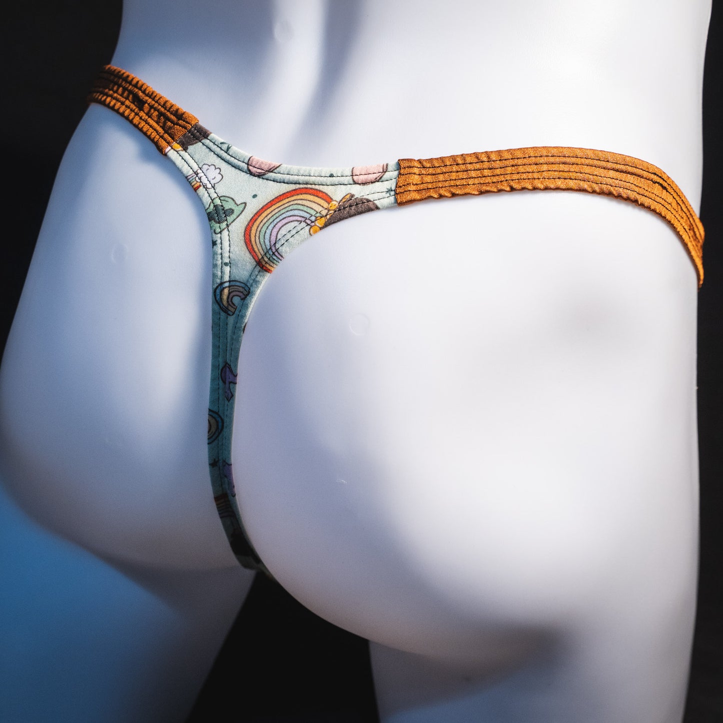 Men's vintage st patricks day thong underwear, classic cut, angled rear view.