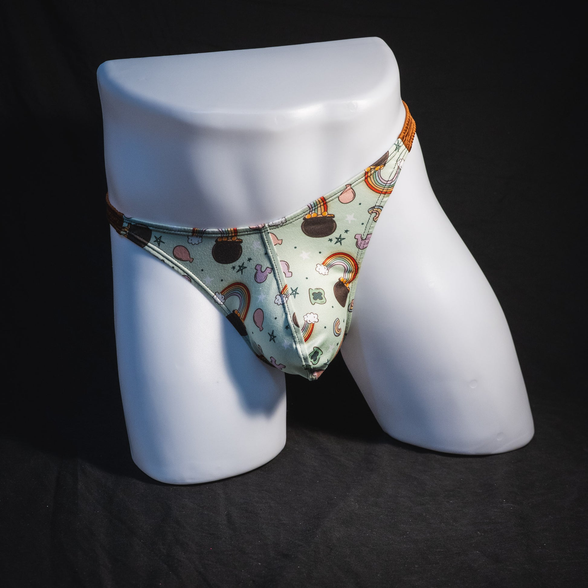 Men's vintage st patricks day thong underwear, classic cut, full front view.