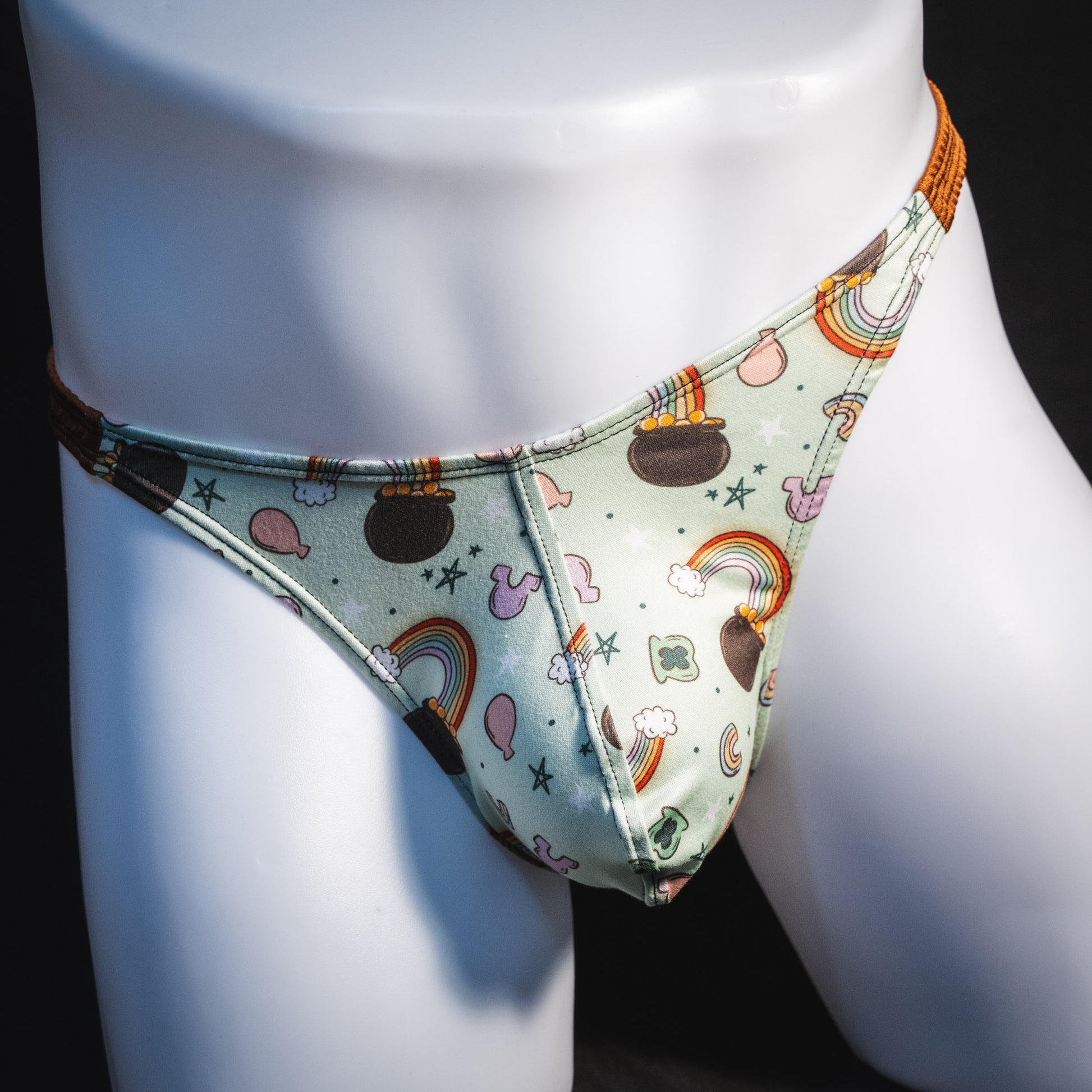 Men's vintage st patricks day thong underwear, classic cut, front view.