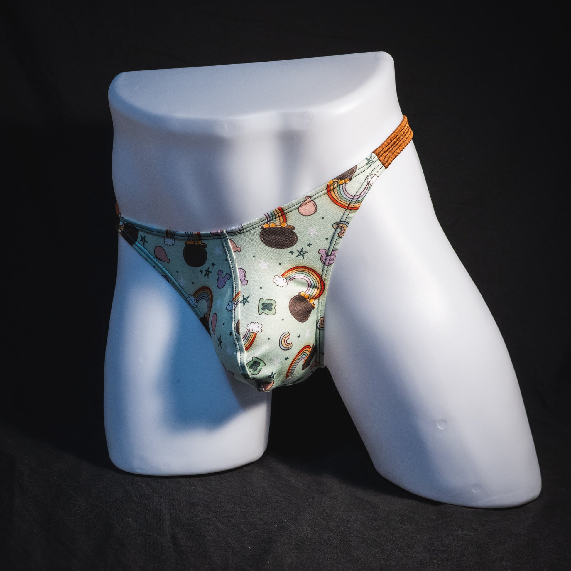 Men's vintage st patricks day thong underwear, classic cut, full angled front view.