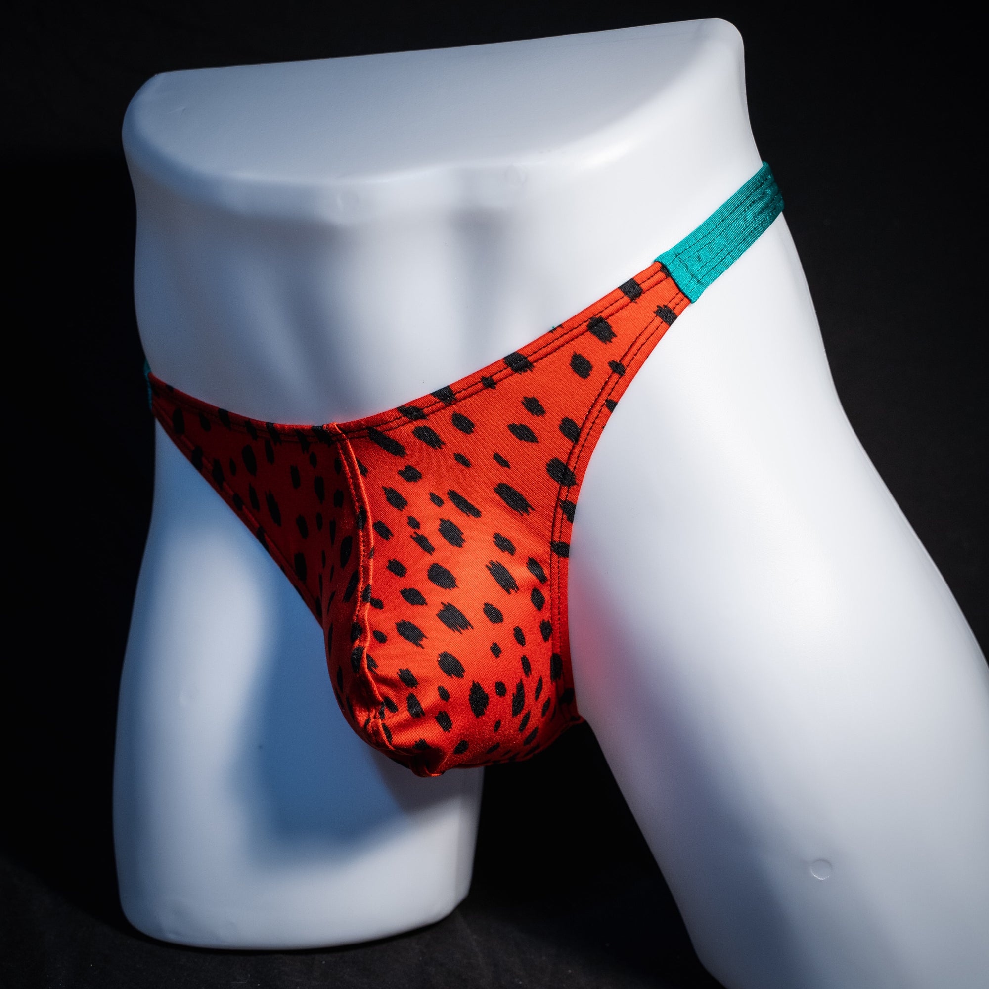 Men's watermelon thong underwear, classic cut, front view.