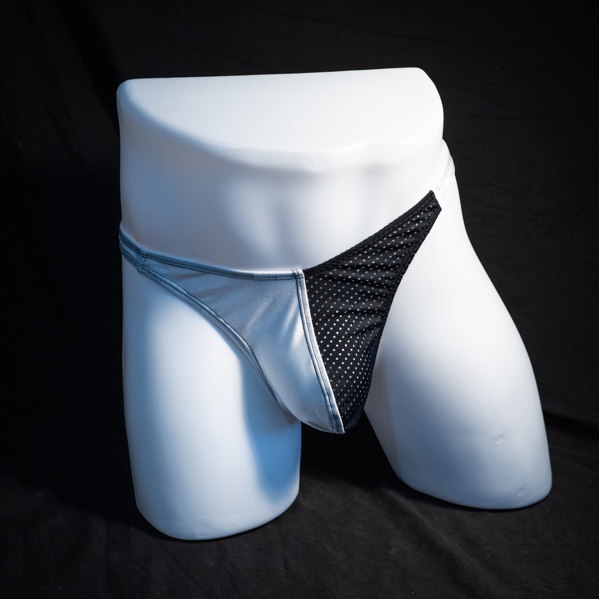 Men's white and mesh thong underwear, classic cut, Full front view