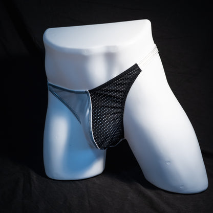 Men's white and mesh thong underwear, classic cut, Full front angled view