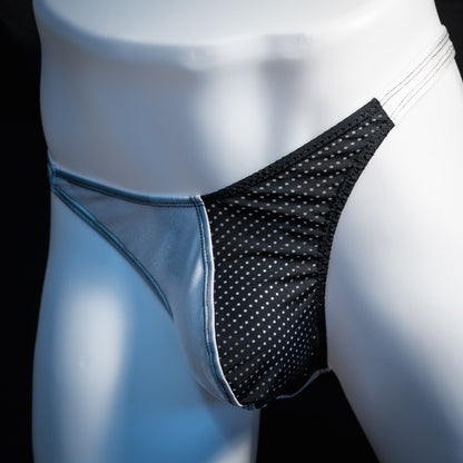 Men's white and mesh thong underwear, classic cut, Front angled view