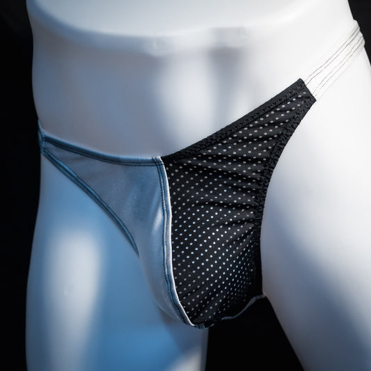 Men's white and mesh thong underwear, classic cut, Front angled view