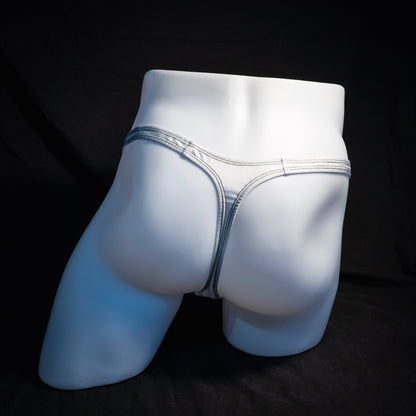Men's white and mesh thong underwear, classic cut, Full rear view