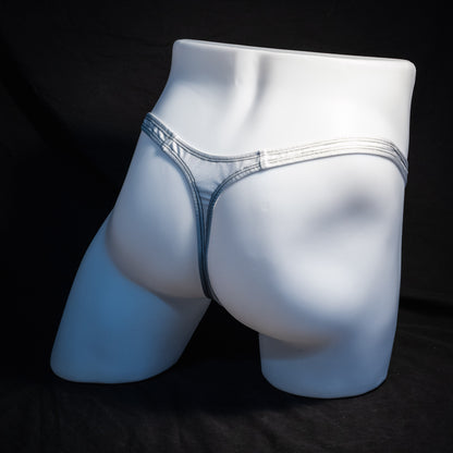 Men's white and mesh thong underwear, classic cut, Full rear angled view