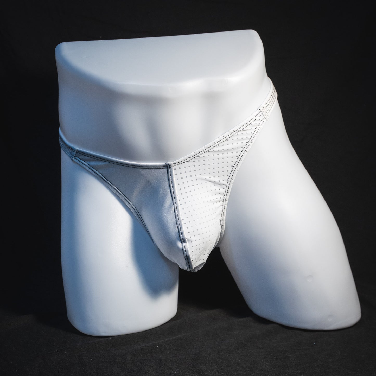 Men's white mesh thong underwear, classic cut, full front view.