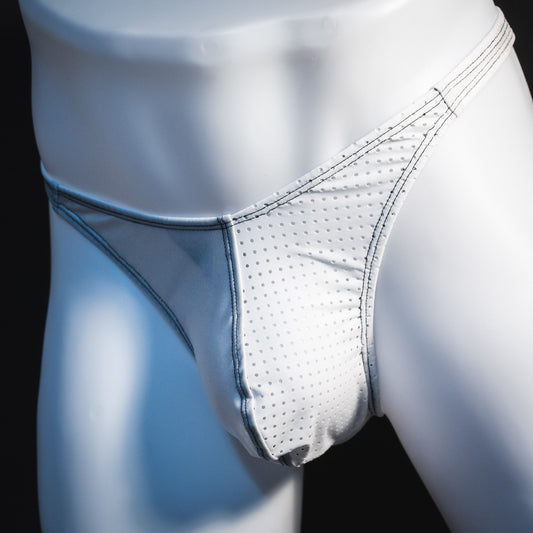 Men's white mesh thong underwear, classic cut, angled front view.