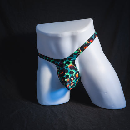 Men's wild green cheetah thong underwear, tower cut, full angled front view.