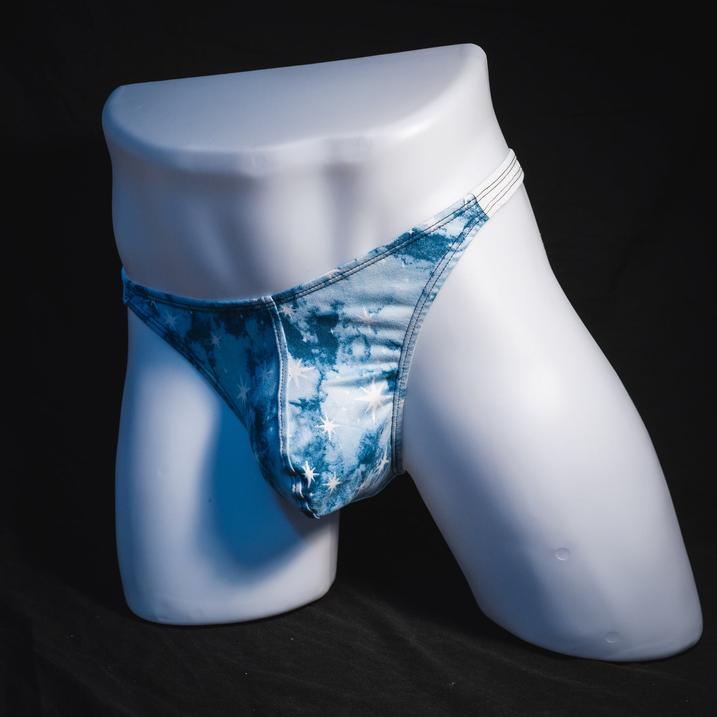 Men's winter night thong underwear, classic cut, full angled front view.