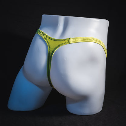 Men's yellow and black mesh thong underwear, classic cut, full angled rear view.