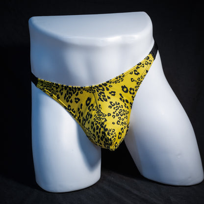 Men's yellow cheetah thong underwear, classic cut, front view.