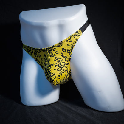 Men's yellow cheetah thong underwear, classic cut, front view.