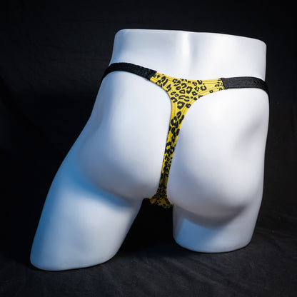 Men's yellow cheetah thong underwear, classic cut, rear view.