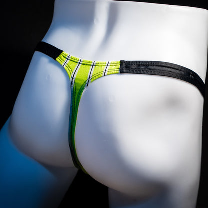 Men's yellow striped thong underwear, classic cut, rear angled view.