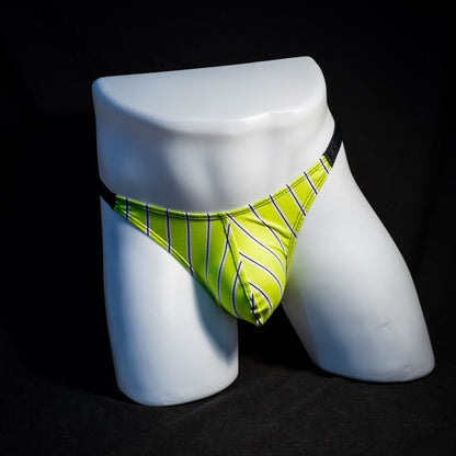 Men's yellow striped thong underwear, classic cut, full front view.