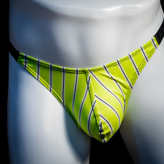 Men's yellow striped thong underwear, classic cut, front view.