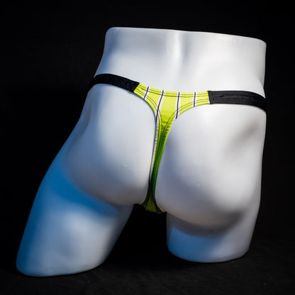Men's yellow striped thong underwear, classic cut, full rear view.