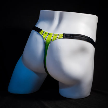 Men's yellow striped thong underwear, classic cut, full rear angled view.
