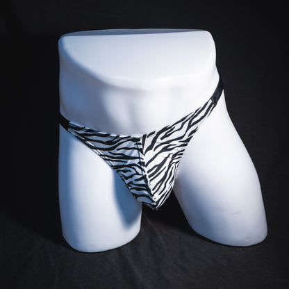Men's zebra print thong underwear, classic cut, Full front view