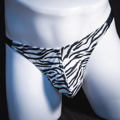 Men's zebra print thong underwear, classic cut, Front view