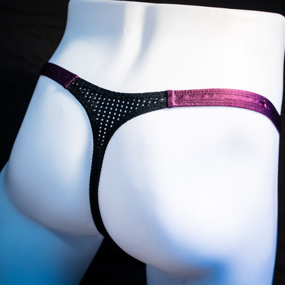Men's mesh and plum purple thong underwear, classic cut, rear angled view.