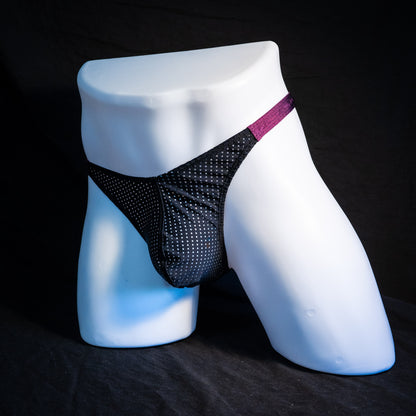 Men's mesh and plum purple thong underwear, classic cut, full front angled view.