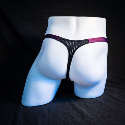 Men's mesh and plum purple thong underwear, classic cut, full rear view.