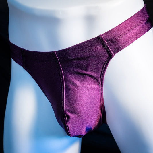 Men's plum purple robust cut thong underwear. front angled view.