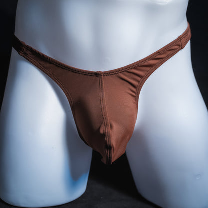 Men's solid brown thong, slim cut, front view.