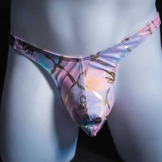Men's pink and purple with gold foil chains thong, slim cut, front view.
