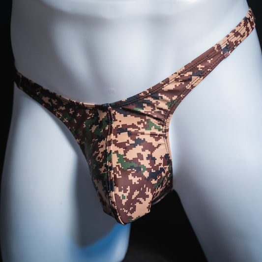 Men's digital camo thong, slim cut, angled front view.