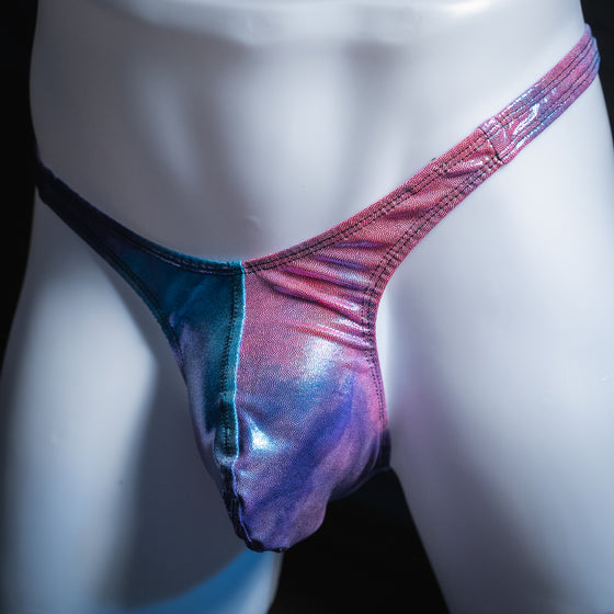 Men's cotton candy metallic thong, slim cut, angled front view.