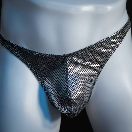 handmade mens thong underwear, metallic silver chains print, spandex material, classic cut variation