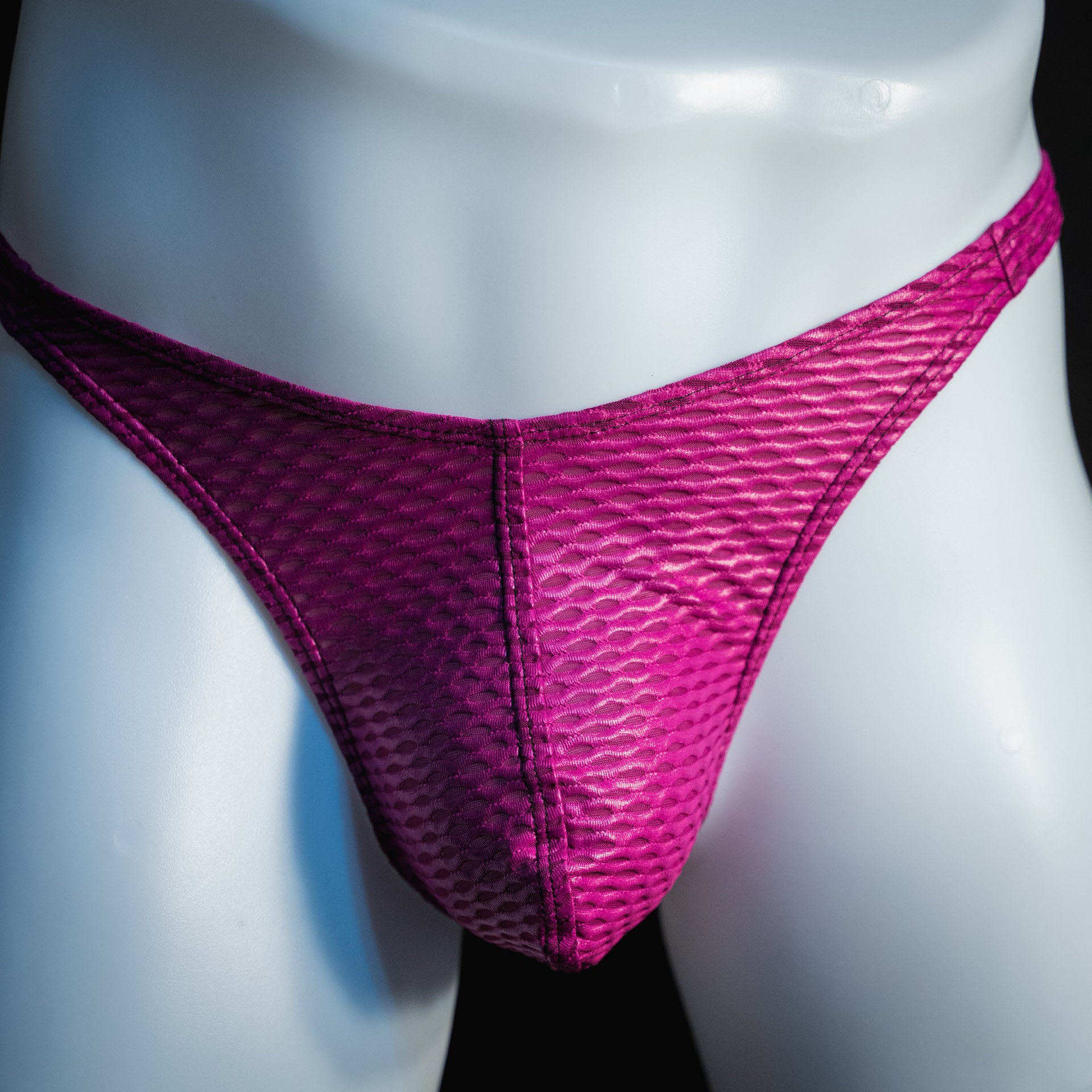 handmade mens thong underwear, plum purple yoga mesh material, classic cut variation