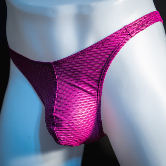 handmade mens thong underwear, plum purple yoga mesh material, classic cut variation