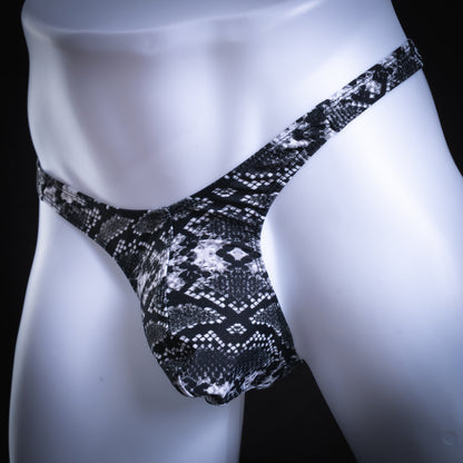 handmade mens thong underwear, black and white snakeskin print, spandex material, slim cut, front angled view