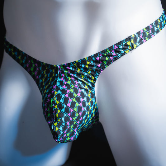 Men's colorful wavy line thong, slim cut, angled front view.