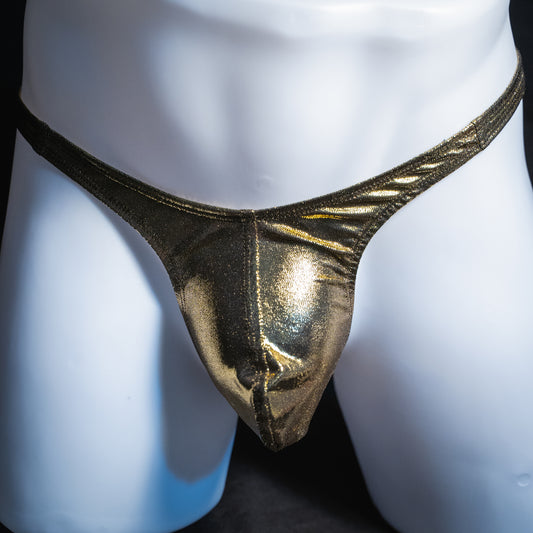 Men's gold metallic thong, slim cut, front view.