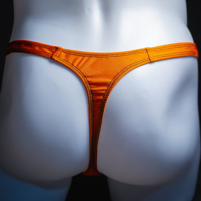 handmade mens thong underwear, solid orange print, spandex material, classic cut variation, back view