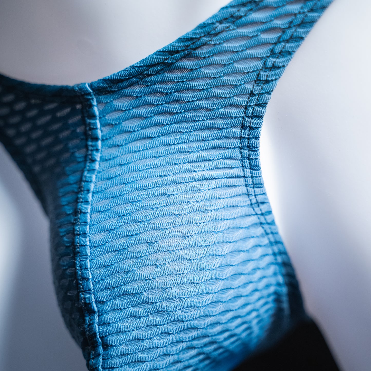 handmade mens thong underwear, blue yoga mesh material, slim cut, close up front view