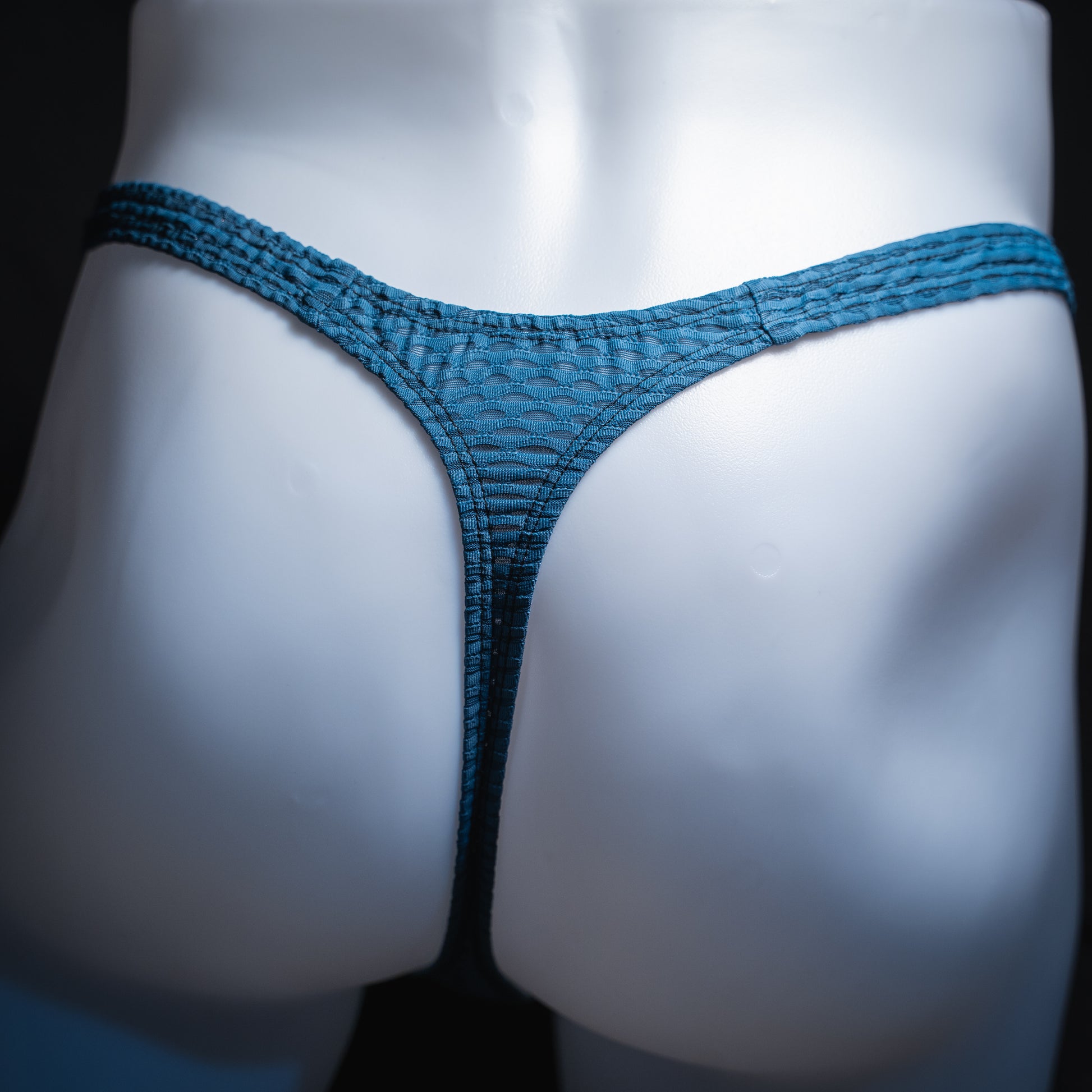 handmade mens thong underwear, blue yoga mesh material, slim cut, back view