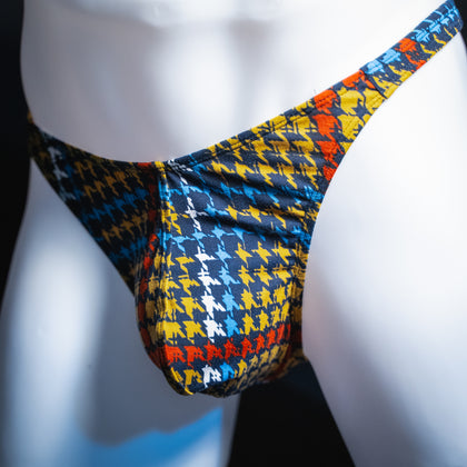 handmade mens thong underwear, jagged shapes print, soft polyester material, classic cut variation, angled front view