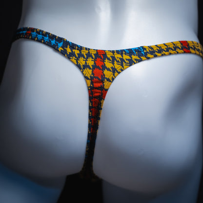 handmade mens thong underwear, jagged shapes print, soft polyester material, classic cut variation, back view
