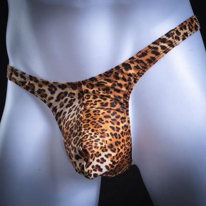 handmade mens thong underwear, leopard print, spandex material, slim cut, angled front view