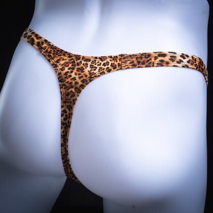handmade mens thong underwear, leopard print, spandex material, slim cut, angled back view
