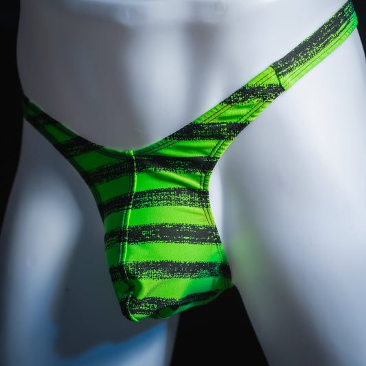 Men's green and black striped thong, slim cut, angled front view.