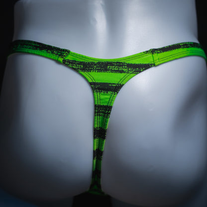 Men's green and black striped thong, slim cut, rear view.